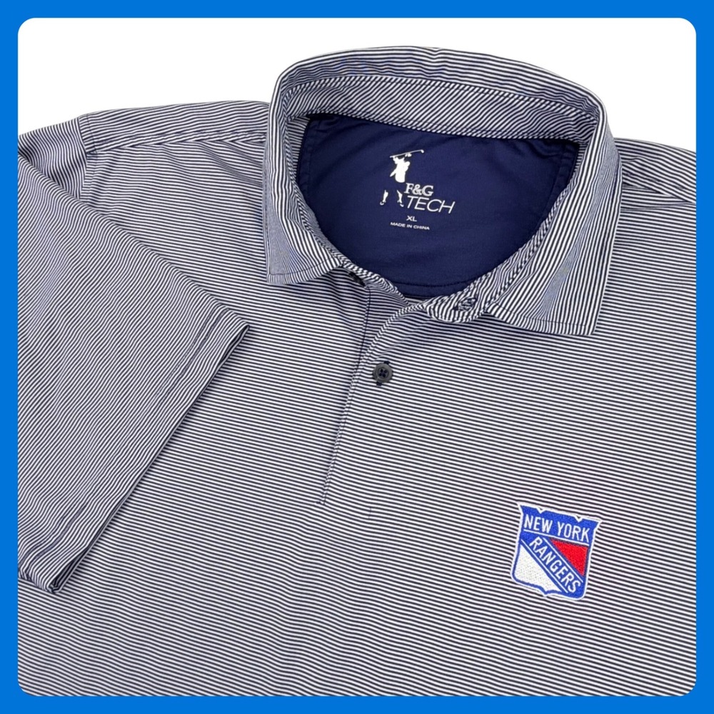F&G Tech New York Rangers Polo Shirt Men XL Blue White Striped Performance NHL